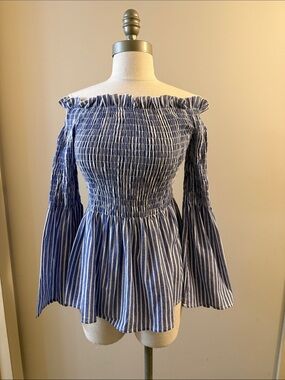 Smocked Off-Shoulder Blue Stripe Peplum Blouse